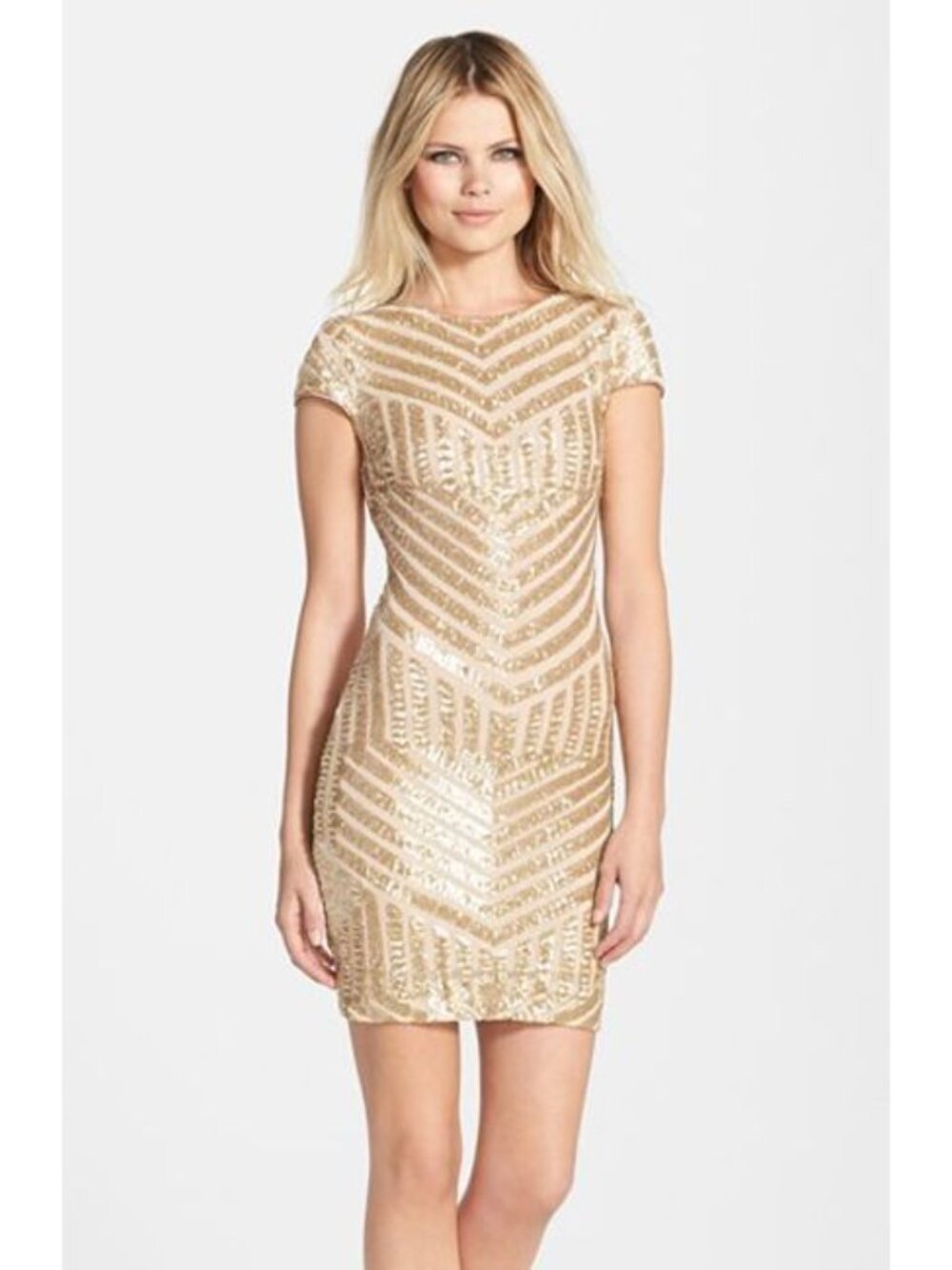 Dress the Population Tabitha Gold Sequin Mini Cocktail Dress Low Cut Back Sz M
